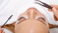 Eyelash Extension Procedure. Woman Eye with Long Eyelashes. Lashes, close up, selected focus. Royalty Free Stock Photo