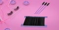Eyelash extensions tools including false lashes, lash tray and brushes arranged on a pink beauty background for cosmetic and Royalty Free Stock Photo
