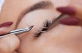 Eyelash removal procedure close up. Beautiful Woman with long lashes in a beauty salon Royalty Free Stock Photo