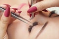 Eyelash removal procedure close up. Beautiful Woman with long lashes