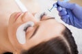 Eyelashes extensions. Fake Eyelashes. Eyelash Extension Procedure. Professional stylist lengthening female lashes Royalty Free Stock Photo