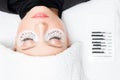 Eyelashes extensions procedure in spa beauty salon. Top view