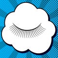 Eyelashes sign. Vector. Black icon in bubble on blue pop-art background with rays.. Illustration. Royalty Free Stock Photo