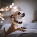 Eyeless Chihuahua dog in festivaly decorated room with Christmass tree.