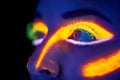 Eyes, art and creative with neon woman on black background in studio for bright vision or fantasy. Face, future and Royalty Free Stock Photo