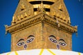 Eyes of Buddha. Wisdom eyes of Buddha in Swayambhunath Stupa after the earthquake ,Kathmandu, Nepal. Royalty Free Stock Photo