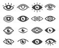 Eyes in different styles bold black silhouette icons set isolated on white. Vision test lenses pictograms