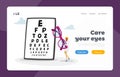 Eyes Diseases Treatment and Diagnostics Landing Page Template. Tiny Female Doctor Carry Huge Eyeglasses, Vision Checkup