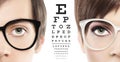 Eyes and eyeglasses close up on visual test chart, eyesight and Royalty Free Stock Photo