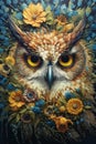 Eyes of the Forest: An Owl's Close-Up Surrounded by Vibrant Flowers