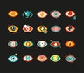 Eyes icons. Colorful eye symbol, abstract vision bright signs. Isolated human occult elements vector set Royalty Free Stock Photo