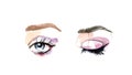 Eyes and long eyelashes in watercolor technique. Open and closed eye with pink eyeshadows. Brown eyebrows. Hand drawn Royalty Free Stock Photo