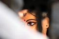 Eyes of Maa Durga. Idol of Hindu Goddess Durga during preparations in Kolkata. Royalty Free Stock Photo