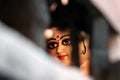 Eyes of Maa Durga. Idol of Hindu Goddess Durga during preparations in Kolkata. Royalty Free Stock Photo