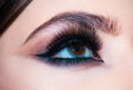 Eyes with make up close up. Makeup closeup. Eyebrow long eyelashes. Beauty salon. Beautiful macro female eye with long