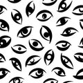 Hand drawn staring eyes seamless vector pattern, ink illustration, black white background Royalty Free Stock Photo