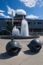 Eyes sculpture and a fountain Royalty Free Stock Photo