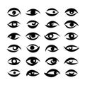 Hand drawn staring eyes big set, collection, artistic doodle black and white ink illustration