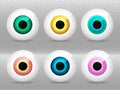 Eyes set. Realistic 3d eyeballs vector illustration.Real human iris,pupil and eye .Blue, green, yellow, red, purple, violet colors Royalty Free Stock Photo