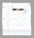 Eyes of a student peer through a hole in a sheet of school notebook paper Royalty Free Stock Photo