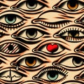 Eyes. Tattoo style. Beige Background. Seamless Pattern.