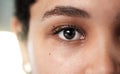 Eyes, vision and eye care with woman and face closeup, contact lens with lashes and eyebrow, focus and optometry Royalty Free Stock Photo
