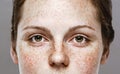 Eyes woman Young beautiful freckles woman face portrait with healthy skin