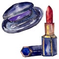 Eyeshadow and lipstick sketch glamour illustration in a watercolor style isolated element. Watercolour background set.