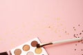 Eyeshadow makeup brushes collection professional cosmetics accessories on pink background