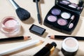 Eyeshadow palette, brow powder, primer, eye pencils and lipsticks Royalty Free Stock Photo