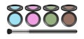 Eyeshadow palette. Realistic decorative cosmetics and brush, isolated eye shadows vector set