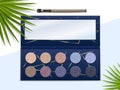 Eyeshadow palette. Realistic makeup color box kit with brush and mirror. Top view of glitter paint for face and Royalty Free Stock Photo