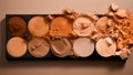 An eyeshadow peach fuzz color palette with various shades of brown beige skin powder. Modern trendy tone hue