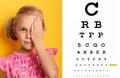 Eyesight check. girl covering one eye with hand. ophthalmology concept. Royalty Free Stock Photo