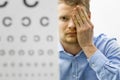 Eyesight check. male patient under eye vision examination Royalty Free Stock Photo
