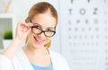 Eyesight check. woman in glasses at doctor ophthalmologist optic Royalty Free Stock Photo