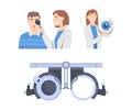 Eyesight diagnostics. Patient visiting ophthalmologist. Optometrist checking up eyesight with eye test machine cartoon Royalty Free Stock Photo