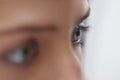 Eyesight Exam. Woman Checking Eye Vision On Optometry Equipment