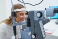 Eyesight Exam. Woman Checking Eye Vision On Optometry Equipment