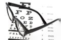 Eyesight test with black glasses and snellen chart
