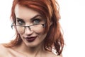 Eyewear glasses woman portrait isolated on white. Royalty Free Stock Photo