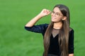 Eyewear to help you see better. Happy kid wear glasses green grass. Fashion eyewear. Vision correction. Corrective lens Royalty Free Stock Photo