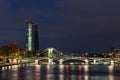 The EZB building in Frankfurt during blue hour with a lit bridge Royalty Free Stock Photo
