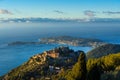 Eze Village, the Mediterranean Sea and Saint-Jean-Cap-Ferrat at sunrise. Alpes-Maritimes, French Riviera, France