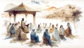 Ezekiel prophesies to Jews in Babylon during exile. Old Testament. Watercolor Biblical Illustration