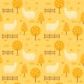 Beautiful suri alpaca farm in autumn seamless pattern background with flower, tree and wooden fence. Hand drawn long haired alpaca Royalty Free Stock Photo