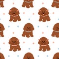 Cute toy poodle puppy seamless pattern background with collar and hair bow. Cartoon dog puppy icon vector. Hand drawn.