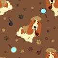 Detective dog seamless pattern background with cap, pipe, paw prints and magnifying glass. Sherlock Holmes dog costume. Royalty Free Stock Photo