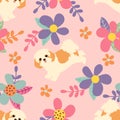 Cute shih tzu puppie seamless pattern background with flowers. Cartoon dog puppy background. Hand drawn childish vector