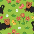 Cute Running Yorkshire terrier seamless pattern background with flower, ball and butterfly. Cartoon yorkie dog puppy background. Royalty Free Stock Photo